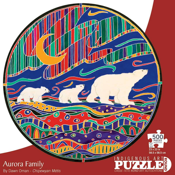 Aurora Family - 500 Piece Jigsaw Puzzle featuring vibrant artwork by Dawn Oman with polar bears.