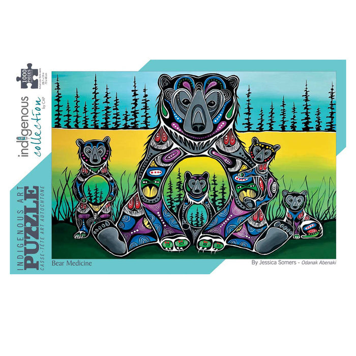 A jigsaw puzzle box from the Indigenous Collection featuring a colorful painted family of bears. The artwork shows a large bear with three cubs in a forest landscape with black trees against yellow, green, and blue gradients.