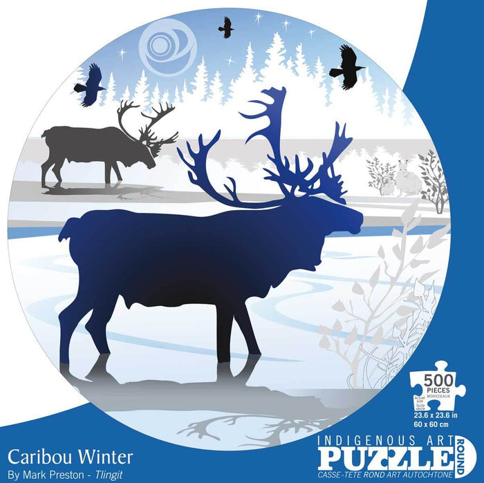 Caribou Winter - 500 Piece Jigsaw Puzzle featuring Indigenous art by Mark Preston with caribou silhouettes.
