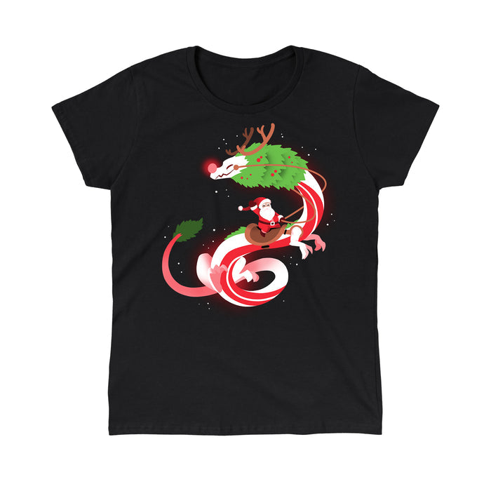 Classic Cotton T-shirt_TeeTurtle Christmas Dragon V2 Black apparel featuring an artistic candy cane dragon with a glowing nose and Santa riding on the back.