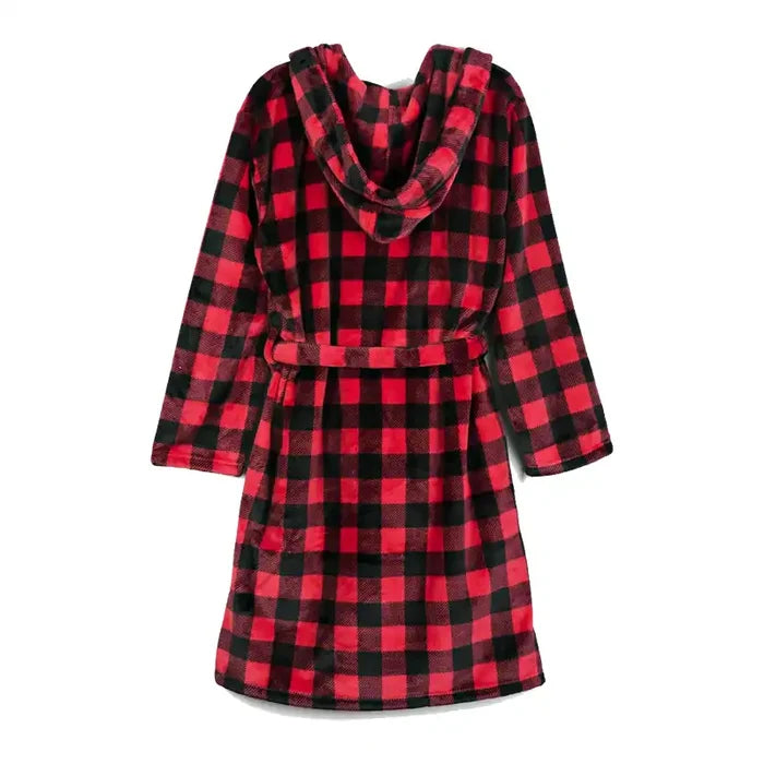 Back view of hooded plaid bath robe