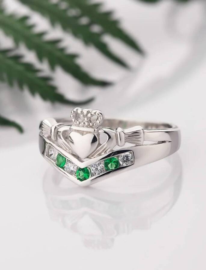 Emerald & Cz Claddagh Wishbone Ring