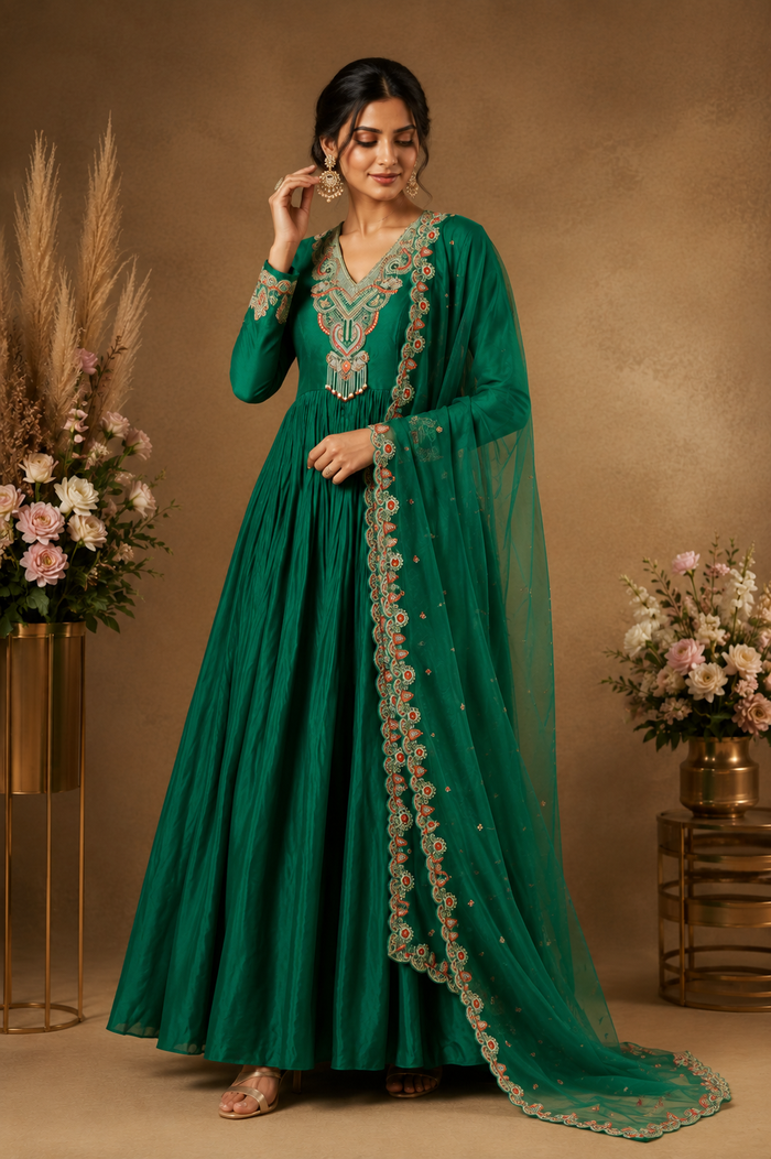Emerald Green Embroidered Anarkali Suit Set