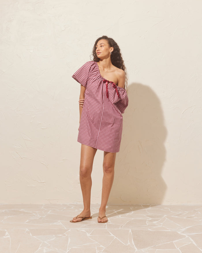 FLORY MINI DRESS PINK BURGUNDY GINGHAM