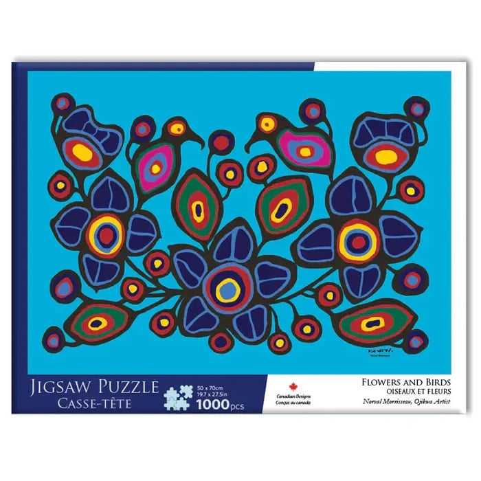 Flowers and Birds - 1000 Piece Jigsaw Puzzle box featuring colorful Ojibwa art with birds and flowers.