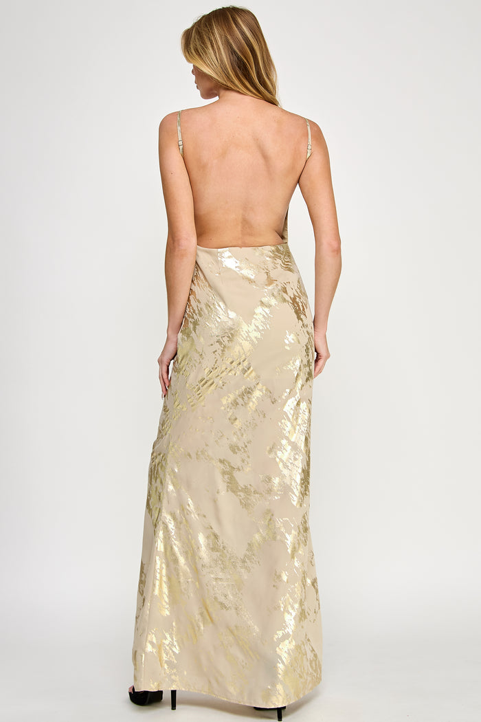 Gold Foil Open Back Sleeveless Maxi Dress