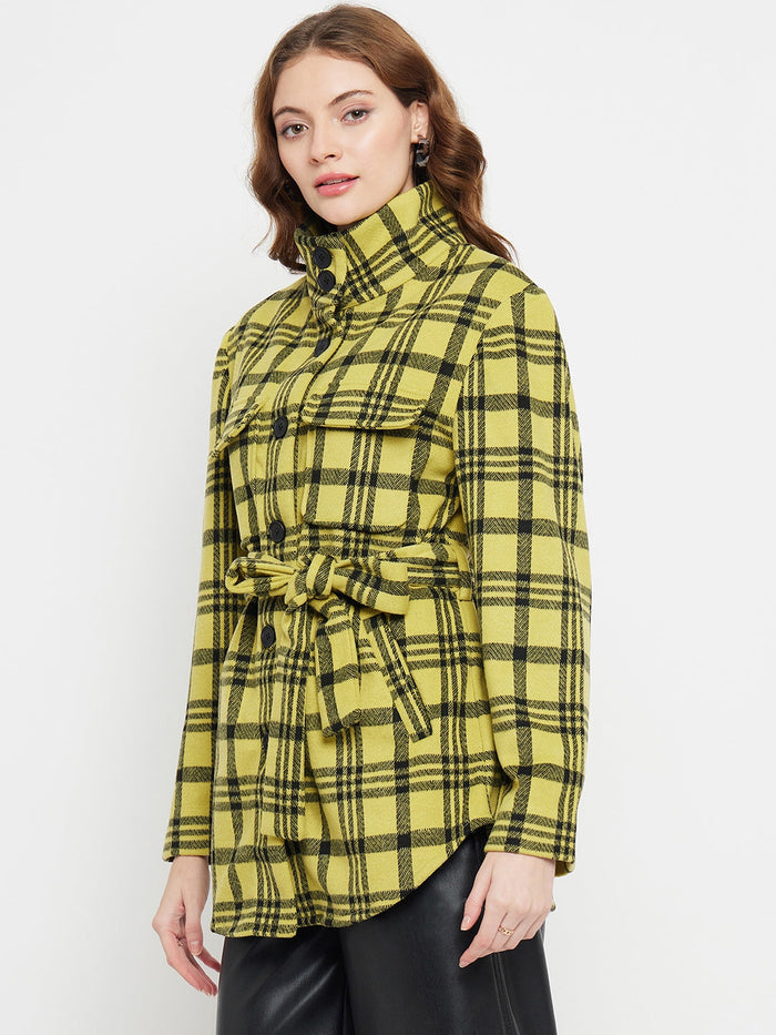 Madame Chequered Stand Collar Yellow Shacket