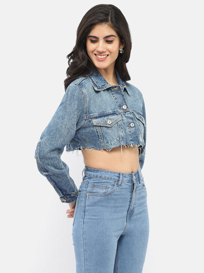 Madame Distressed Hem Blue Crop Denim Jacket