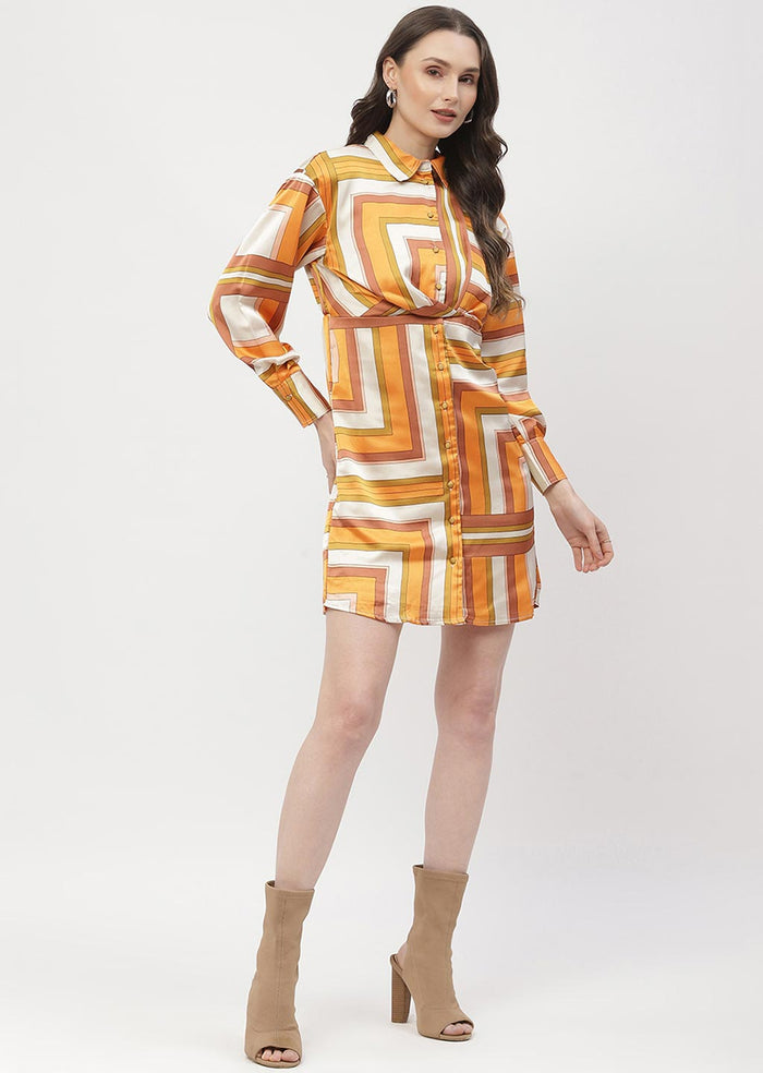 Madame Geometric Print Button Down Orange Mini Shirt Dress