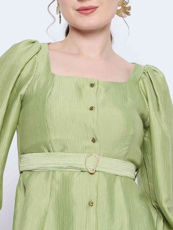 Madame Green Rayon Blend Square Neck Belted Button Front Top