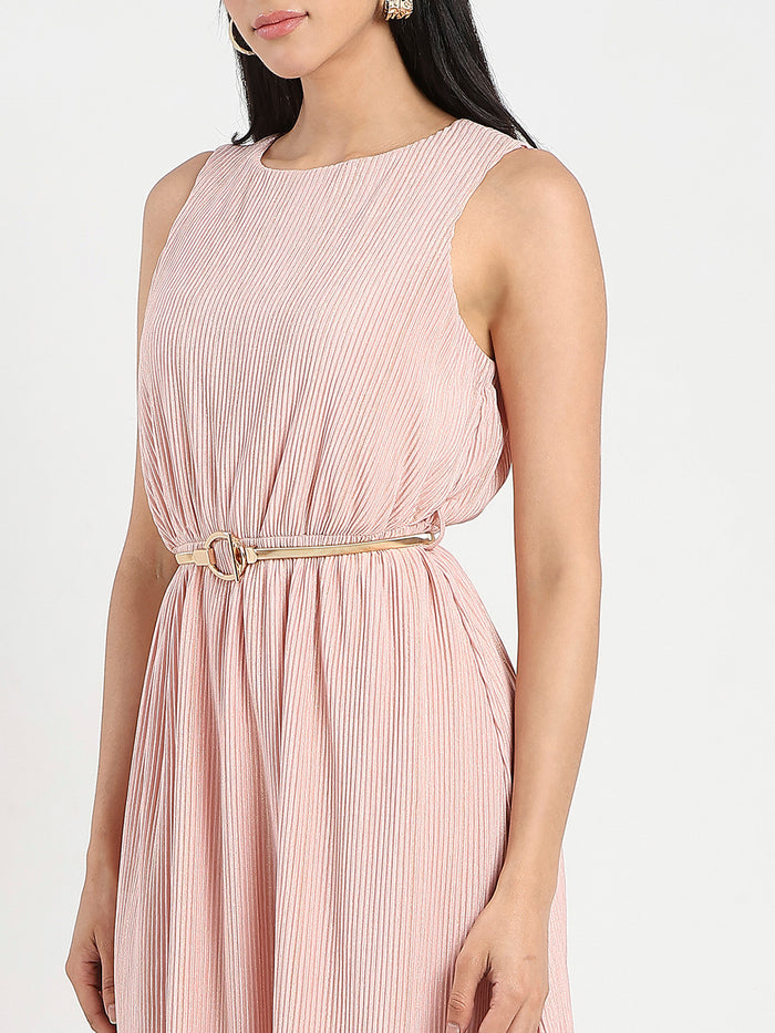 Madame Metallic Self-Design Pleated Beige Flared Maxi Dress