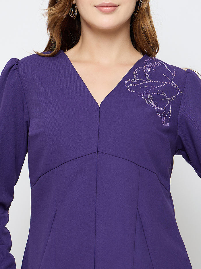 Madame Puffed Shoulders Peplum Waist Purple Top