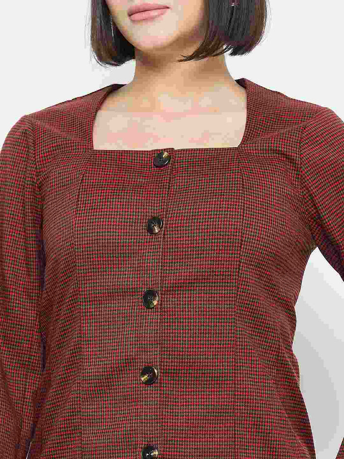 Madame Solid Button Down Red Top