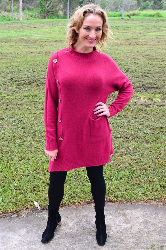 Magenta high-neck cosy knit tunic jumper by Wishstone, featuring a soft, warm fabric and a stylish high neckline.