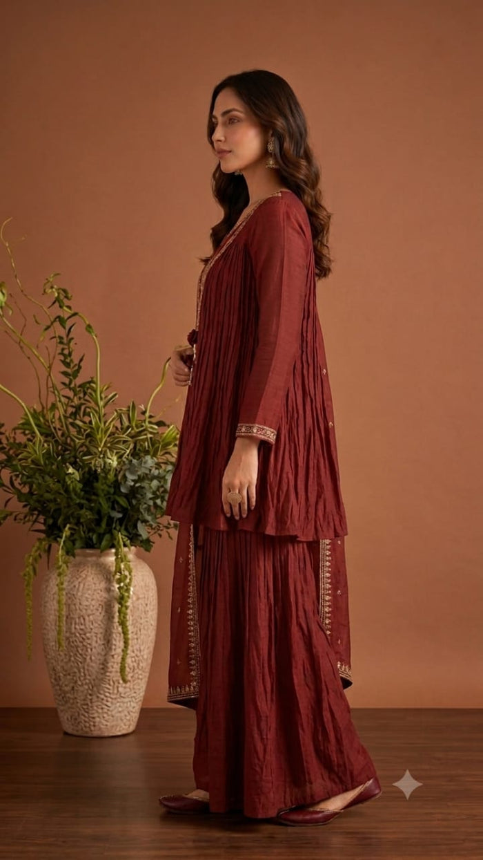 Maroon Embroidered Kurta Sharara Set with Dupatta