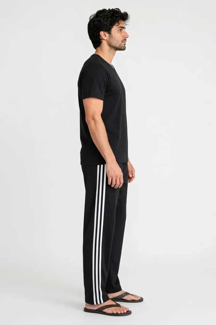 Men's Black V-Neck T-Shirt with Stripe Track Trouser Set - Hinz Clothing
