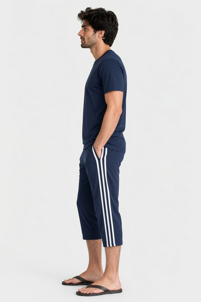 Men’s Navy Half Sleeve T-Shirt with Stripe Shorts Set - Hinz Clothing