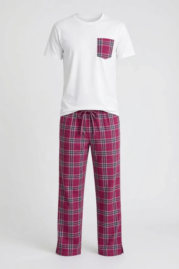 Men's White Pocket T-Shirt & Magenta Check Woven Cotton Trouser Set - Hinz Clothing