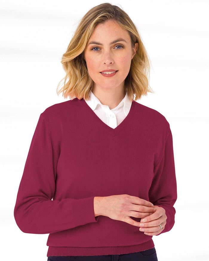 Merino V neck Sweater Ladies - Cherry - The Classic Boutique