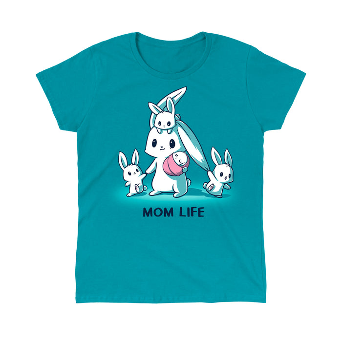 Classic Cotton T-shirt_TeeTurtle Mom Life tropical blue apparel featuring a tired mom bunny surrounded by three little bunnies while she holds a sleeping baby bunny wrapped in a pink blanket.