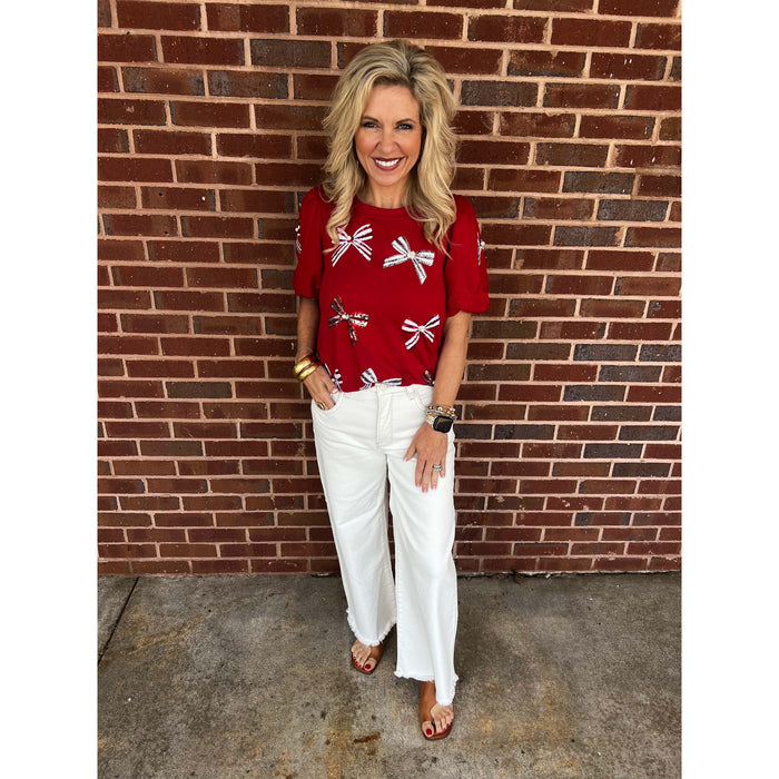 MS - Tina, Sequin Bow w Pearl Top 3111 - Crimson / White
