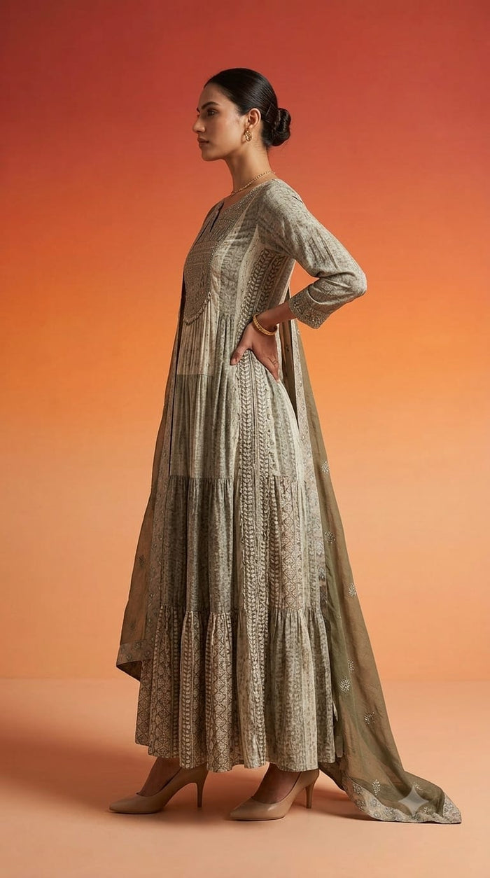 Olive Elegance Embroidered Anarkali Gown
