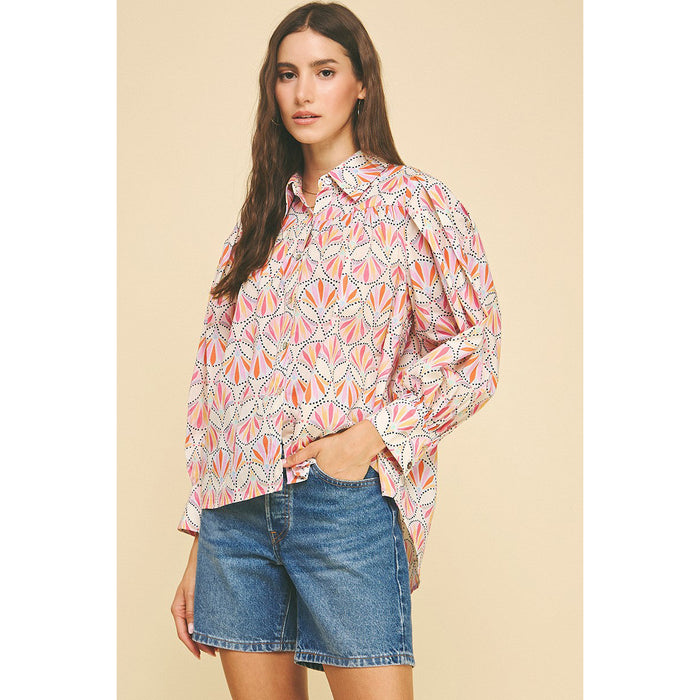Pinch - Printed, Button Down Shirt Top 5374 - Pink Multi
