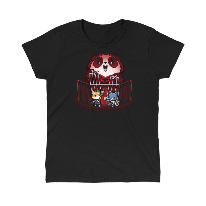 Classic Cotton T-shirt_TeeTurtle Puppet Master black t-shirt featuring an illustration of a cartoon panda smiling evilly and standing behind a puppet theater holding a fox puppet with a sword in the left hand and a cat with an axe and shield in the right hand. The illustration is being illuminated by a red glow.