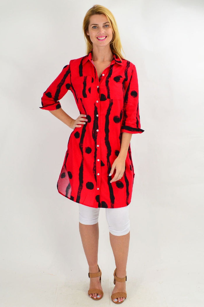 Red Ruby Rain tunic shirt with black dot pattern, casual women's top with long sleeves and a relaxed fit.