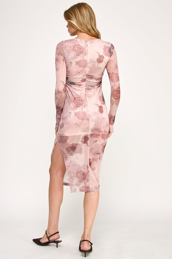 Rose Mesh Dress - Tie Dye Surplice Ruched Midi