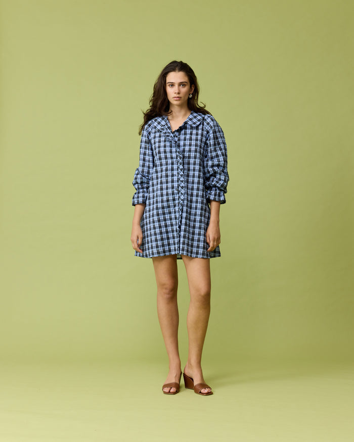 SANDLER LONG SLEEVE MINI DRESS BLUE TARTAN
