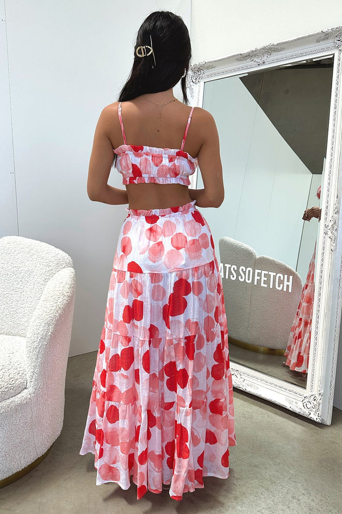 Selina Tiered Maxi Skirt - Red / White Print