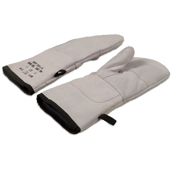 Suede Oven Mitts shot on white silo background.