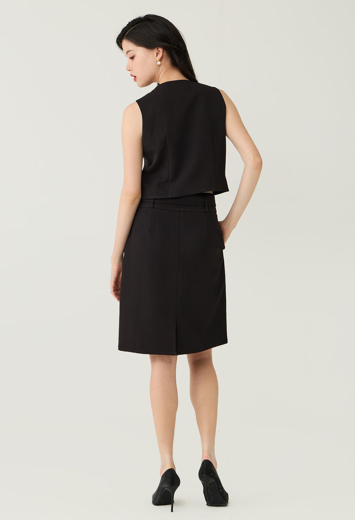 Tailored Buckle-Belted Midi Skirt