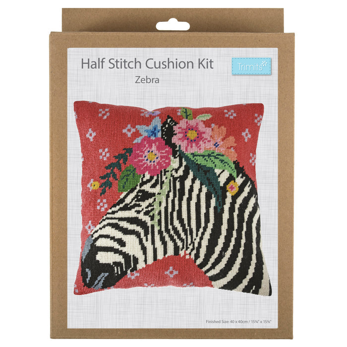 Trimits Half Stitch Tapestry Kit Cushion: Zebra, 40x40cm, Includes Pre-Printed Canvas, Acrylic Yarns, Needle, Cushion Back, Instruction...