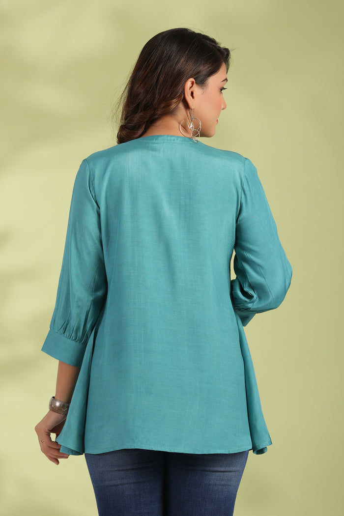 Turquoise Fleur Muslin Silk Top