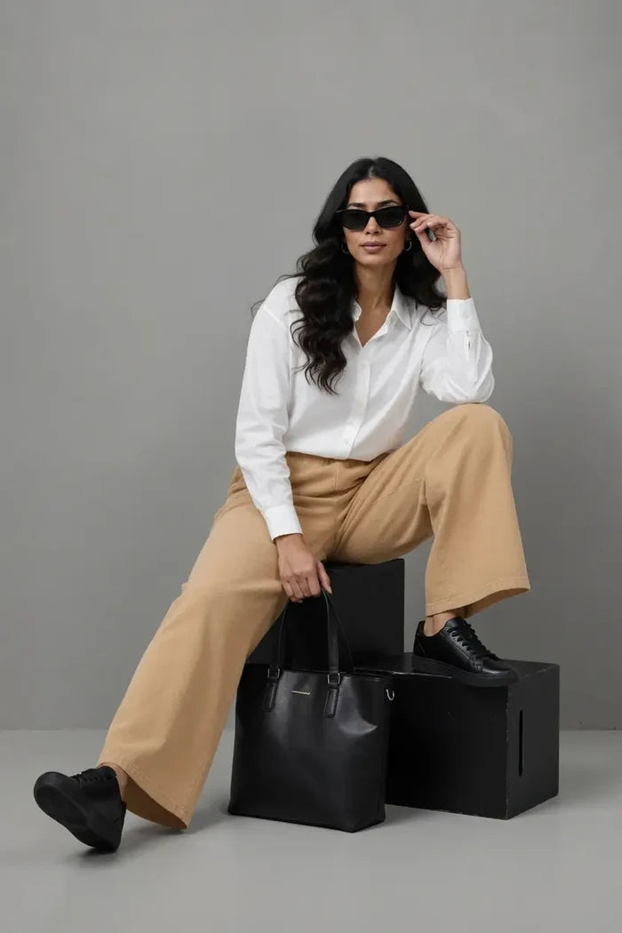 Women's Beige Wide Leg Trouser Premium Fleece