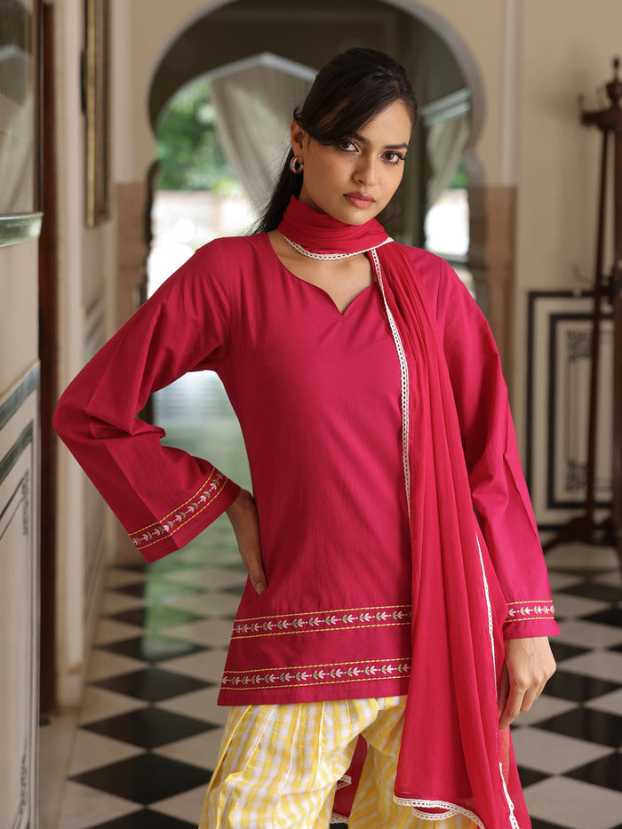 Women's Cotton Solid Embroidered Farshi Kurta Set With Dupatta