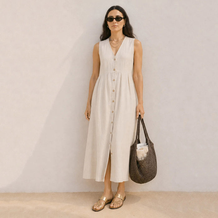 Women's Linen Reversible Button Dress - Piedra