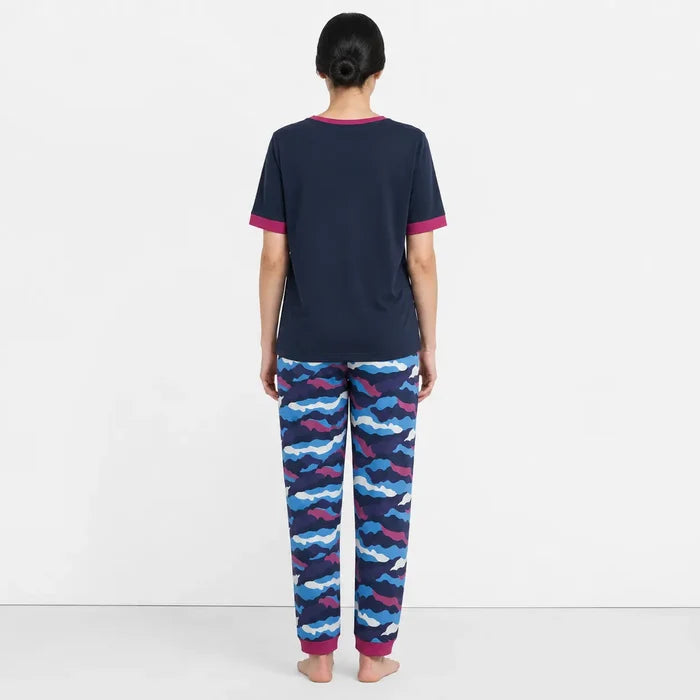 Women's Navy Blue Jersey Cotton GraphicWomen's Navy Blue Jersey Cotton Graphic T-Shirt & Camouflage Printed Trouser Night Suit T-Shirt & Camouflage Printed Trouser Night Suit