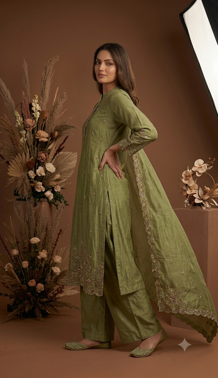 Women's Olive Green Embroidered Kurta Pant Set with Dupatta