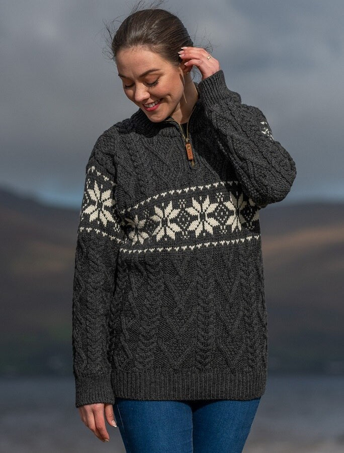 Women's Winter Fair Isle Zip-Neck Aran - Charcoal Natural #color_charcoal-natural