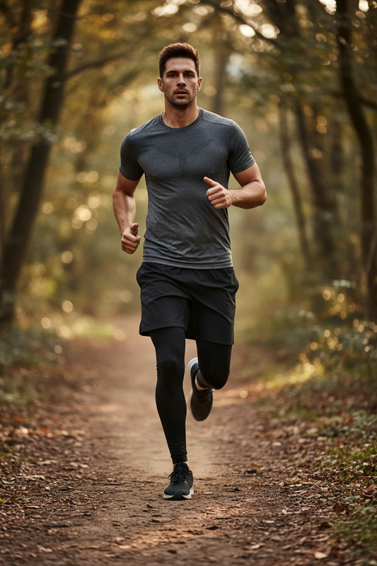 Man Running in Black Leggings with Loose Shorts