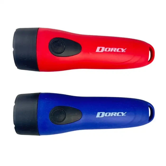 Two flashlights, one red and one blue, with 'Dorcy' branding