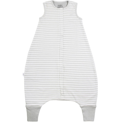 White and gray striped Woolino baby sleeping bag with legs on a white background