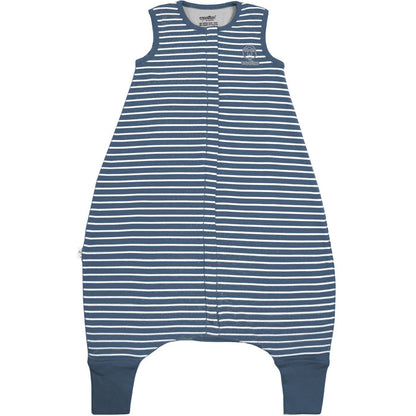 Blue and white striped Woolino baby sleeping bag with legs on a white background