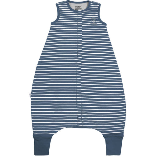Blue and white striped Woolino baby sleeping bag with legs on a white background