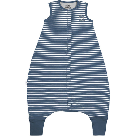 Blue and white striped Woolino baby sleeping bag with legs on a white background