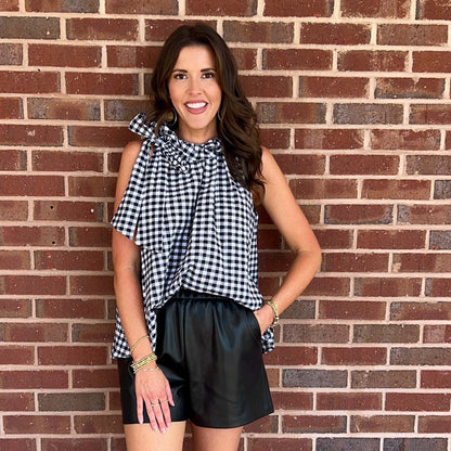 Adrienne - Ruffle, Tie Neck, Sleeveless Top, Bridget - Black Seer Gingham