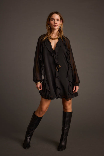 Close-up of the Alice Black Chiffon Mini Dress showcasing the chiffon texture and craftsmanship.
